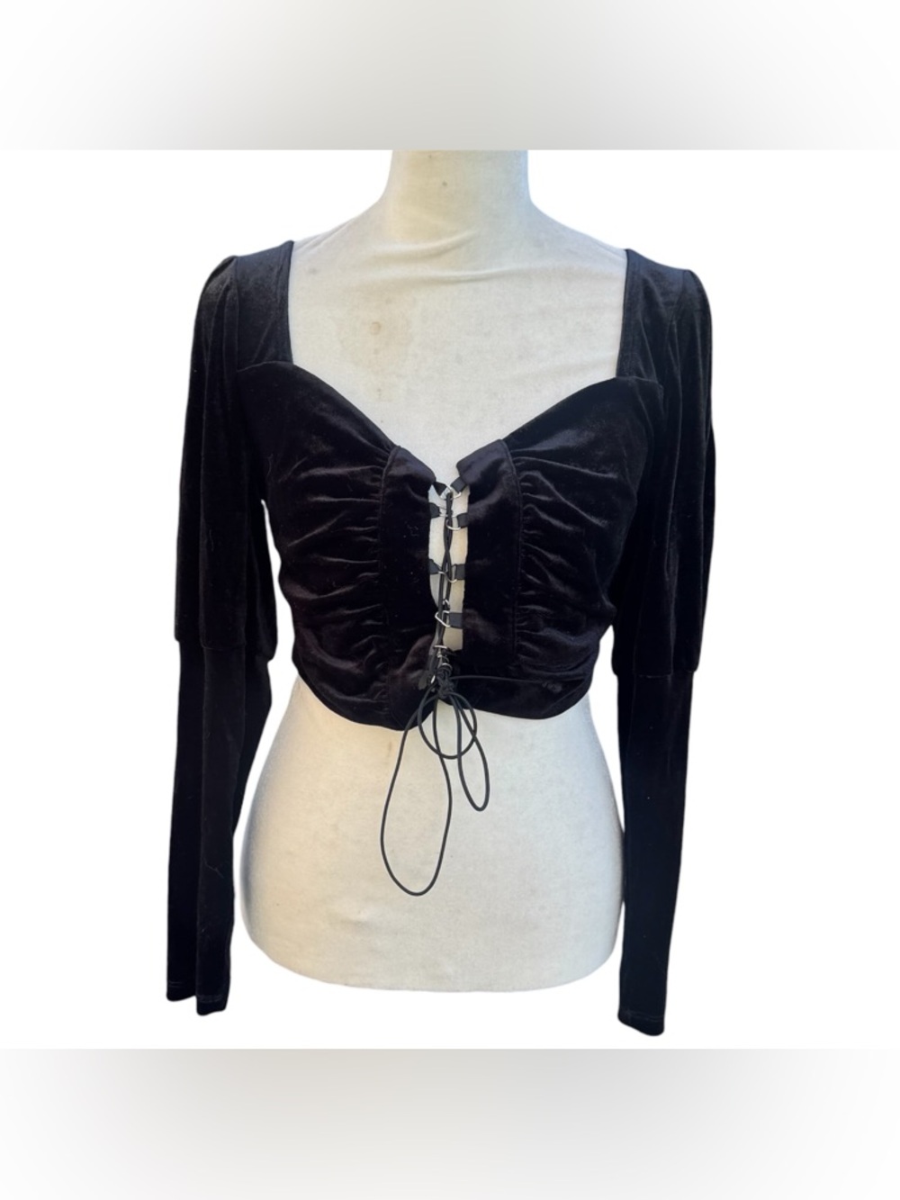 Better Be Black Goth Sexy Alternative Velvet Lace Up Corset Long Sleeve Blouse M